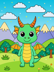 Obraz premium A small, green dragon sits on a rock in a lush, green landscape.