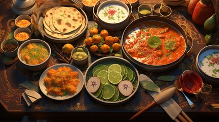 Stunning digital art representation of a traditional Indian feast with attention to texture and color