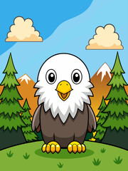 An eagle sits on the edge of a mountain, looking out over a vast landscape.