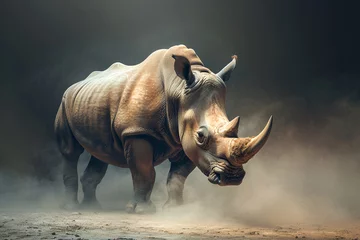 Zelfklevend Fotobehang A rhinoceros standing against a dusty background © MAKSIM MAKSIMOV