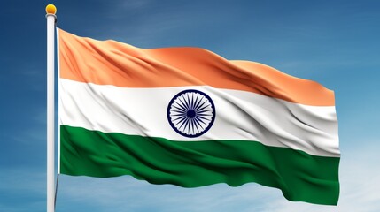 The Indian flag captured in a dynamic flow against the sky, symbolizing progress and movement
