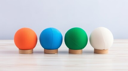 Four colorful spherical objects on wooden pedestals against a white background symbolizing unity or...
