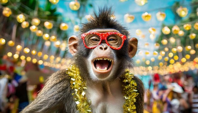Funny party animal image of a monkey in glasses at a birthday celebration. Happy joyful and fun concept.