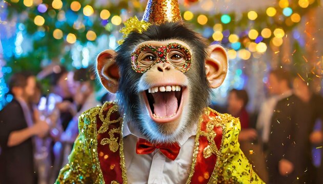 Happy joyful monkey dressed in a suit at a party. Funny cute animal laughing and smiling. Illustration of joy, fun and birthdays.