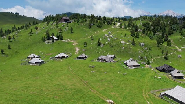 Aerial view of alpine village of Velika Planina in Slovenia. Nature landscape of the Alps with historic houses in mountains