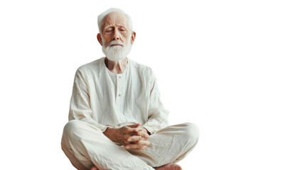 An elderly man peacefully meditates in a lotus position