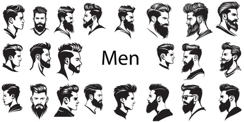 Vector set of human men faces for logo barbers, bikers, bussiness