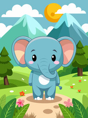 A cute elephant is posing against a scenic landscape background.