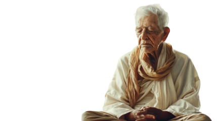 An elderly man in a seated meditation pose, eyes closed with a peaceful expression