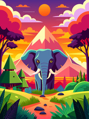 Elephant poster landscape background with green grass and blue sky.