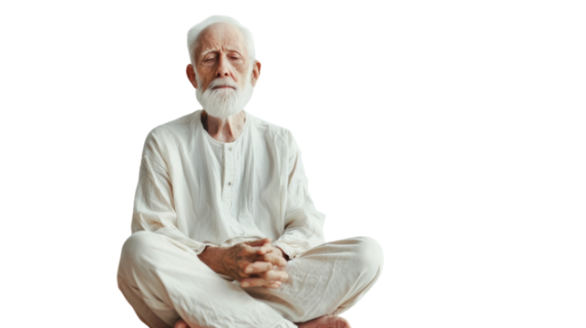 An elderly man peacefully meditates in a lotus position