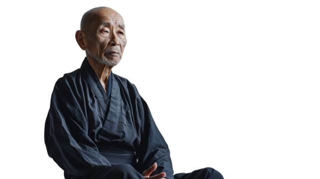 An elderly man with crossed legs sits peacefully on a chair