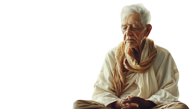 An elderly man in a seated meditation pose, eyes closed with a peaceful expression