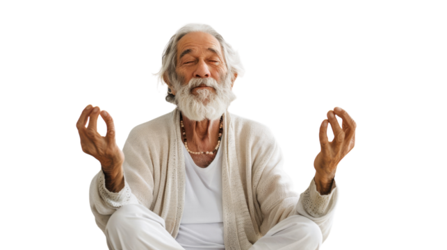 A serene old man sits gracefully in a lotus position, embodying wisdom and tranquility