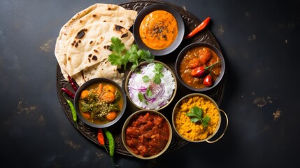 An array of delicious Indian spicy curries and naan bread beautifully arranged on a rustic tray against a dark tableau