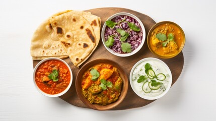 Fototapeta premium A variety of traditional Indian dishes including curry and naan bread served on a wooden platter against a white backdrop