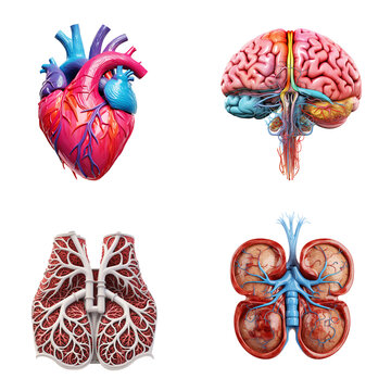 Human Organ (Brain, Heart, Lungs, and Kidneys) - PNG Cutout Isolated in a Transparent Backdrop