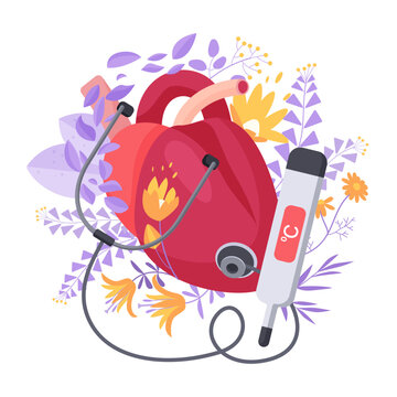 Heart health care, diagnosis of cardiovascular diseases in cardiology. Human heart in blooming flowers with stethoscope and digital thermometer for doctors examination cartoon vector illustration