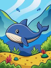 Fishes and whales swim peacefully in a serene underwater landscape.