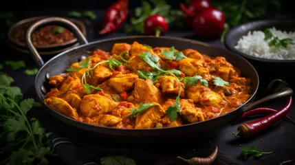 Fototapeten Spicy chicken tikka masala freshly prepared, served in a black pan with a side of tomatoes and chilies © Helen