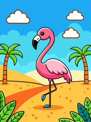 Obraz premium Flamingos bask in the sun against a vibrant sunset backdrop.