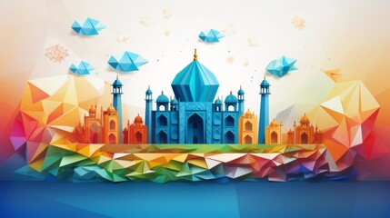 Vibrant polygonal style representation of the Taj Mahal set against a multicolored background