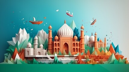 A low poly art style depiction of the Taj Mahal in a colorful and dynamic environment