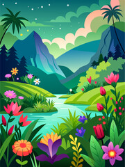 Fototapeta na wymiar A beautiful floral vector landscape background with vibrant flowers and a serene sky.