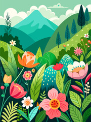 Floral vector landscape background features a lush garden setting with vibrant flowers and lush greenery.