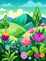 Fototapeta na wymiar Bright, colorful flowers bloom in a serene and lush vector landscape.