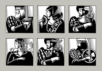 Square icon set with characters of playing cards in black and white vintage engraving style. Vector illustration