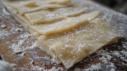 Close up pieces of dough divided with flour before cooking on the stone table. AI generated image