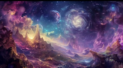 An expansive digital artwork showcasing planets, stars, and nebulas with a fantasy twist, embodying cosmic beauty and the unknown