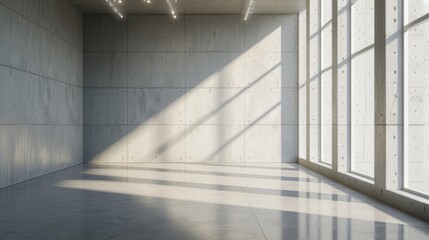 Warm sunbeams stream through tall windows across a bare concrete wall and floor in a spacious modern interior