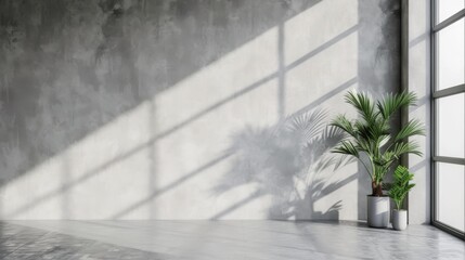 A corner of modernity and nature where the shadows accentuate a lone indoor plant in a minimalist setting - obrazy, fototapety, plakaty