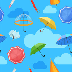 Closed and open umbrellas seamless pattern. Cute waterproof parasols with autumn and spring rain and storm, colorful modern umbrellas for rainy weather cartoon vector illustration - obrazy, fototapety, plakaty