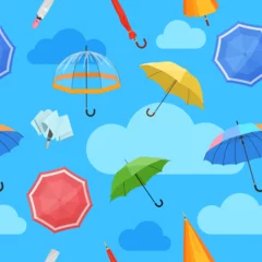 Tuinposter Closed and open umbrellas seamless pattern. Cute waterproof parasols with autumn and spring rain and storm, colorful modern umbrellas for rainy weather cartoon vector illustration © lembergvector