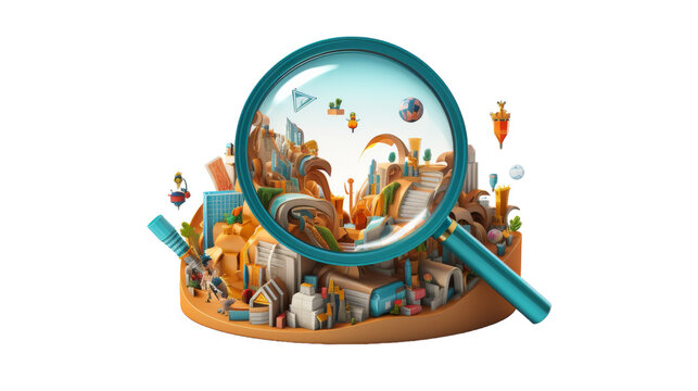 A magnifying glass revealing a plethora of miscellaneous objects and trinkets within its lens