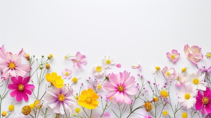 Beautiful pink and yellow flowers various arrangement copy space on white background. AI generated