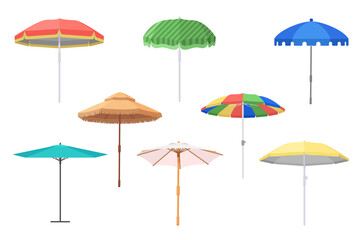 Open beach umbrellas set. Cute parasol collection for tropical sea summer holidays, outdoor garden or travel pool accessory for hot sun protection and shade summertime cartoon vector illustration - obrazy, fototapety, plakaty
