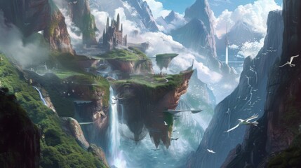 A lush tableau of cliffs and floating islands combines fantasy and nature in serene harmony