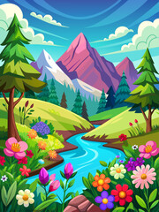 Fototapeta na wymiar Flowery vector landscape background with beautiful blooming flowers and green leaves.
