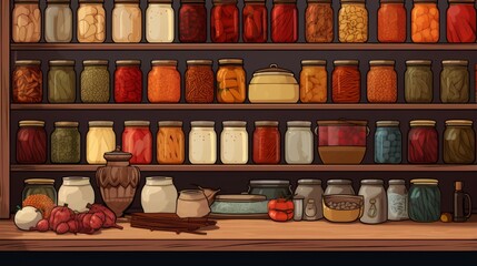 Warm, inviting illustration of pantry shelves full of various colorful food jars and containers - obrazy, fototapety, plakaty