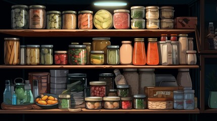 A warm, homey image showcasing shelves filled with various preserved vegetables and fruits in jars - obrazy, fototapety, plakaty