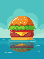 A juicy burger sits on a wooden table, its patty overflowing with melted cheese and vegetables, with a cup of water in the background