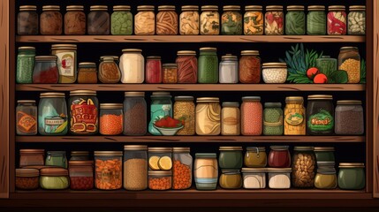 A rustic digital image depicting shelves laden with canned foods from vegetables to jams in a...