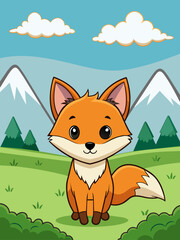 A cute fox stands in a lush meadow with a serene river flowing behind it, creating a picturesque landscape. - obrazy, fototapety, plakaty
