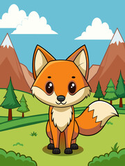 A cute fox frolics amidst a breathtaking landscape of lush greenery and rolling hills. - obrazy, fototapety, plakaty