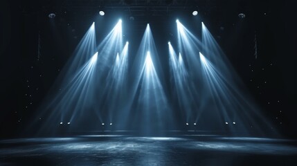 This image captures pure white spotlight beams piercing through mist on an empty stage, creating a...