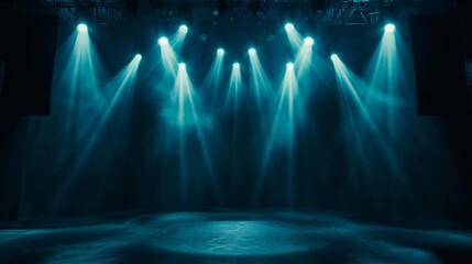 An atmospheric image of striking blue stage lights cutting through the darkness of an empty event venue
